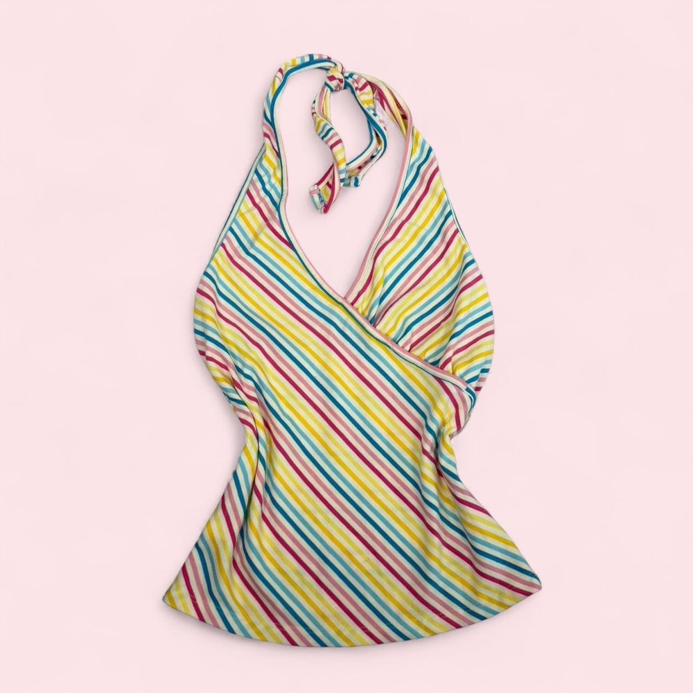 Y2K Sugar Pop yellow multicolour striped babydoll halter top